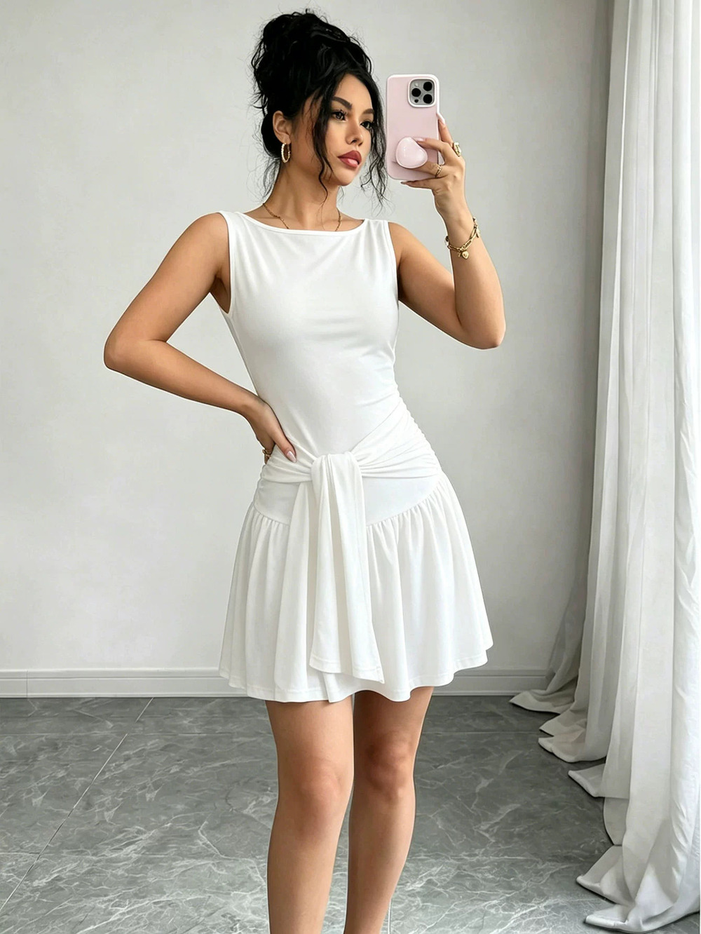 ZARA Summer French Round Neck Sleeveless Tie Waist Pleated Mini Dress Soft White